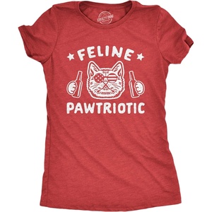 Feline Pawtriotic Pet Cat 4th of July Funny Humor Shirt for Women(Heather Red)