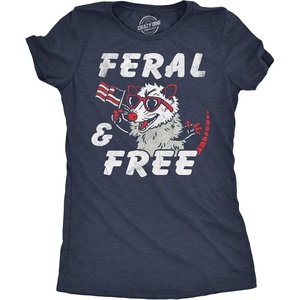 Patriotic on Independence Day 4th of July Funny T Shirt for Women(Heather Navy – Feral and Free)