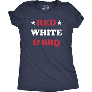 Red White and BBQ Patriotic Barbecue Text Funny T Shirt for Women(Heather Navy)