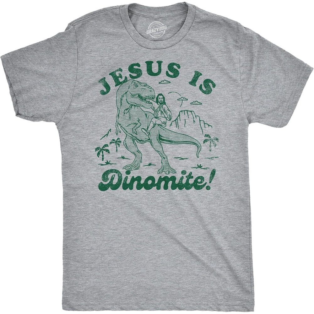 image:imageMens Funny Jesus T Shirts Religious Tees with Funny Sayings for GuysLight Heather Grey Jesus is Dinomite