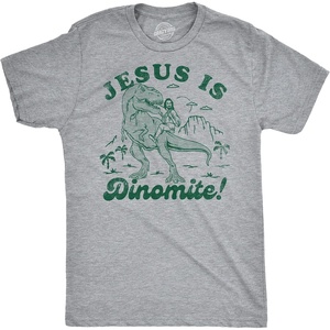 Mens Funny Jesus T Shirts Religious Tees with Funny Sayings for Guys(Light Heather Grey – Jesus is Dinomite)
