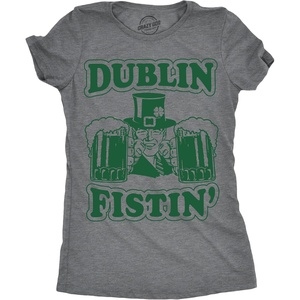 Cute Saint Patricks Day Funny Graphic Novelty T Shirts for Women(Dark Heather Grey – Dublin Fistin)