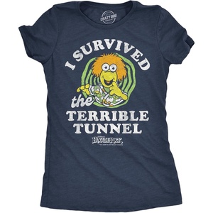 Womens Fraggle Rock T-Shirt 80s Cute Licensed Vintage Funny Tees(Heather Navy – Survived Terrible Tunnel)