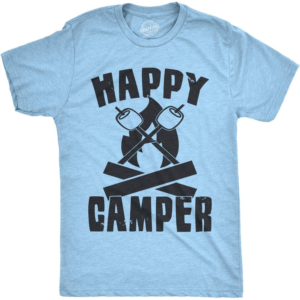 image:imageMens Happy Camper Shirt Funny Camping Cool Hiking Graphic Vintage Tee 80s Saying Funny T Shirts Vintage Apparel for Men Cool Camping Short Sleeve Novelty Light Blue L