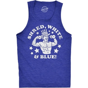 Mens Funny Fitness Tank Shred White & Blue 4th of July Sleeveless Tee