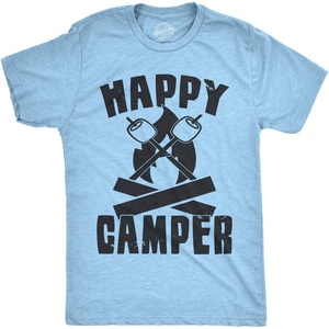 Mens Happy Camper Shirt Funny Camping Cool Hiking Graphic Vintage Tee 80s Saying Funny T Shirts Vintage Apparel for Men Cool Camping Short Sleeve Novelty Light Blue L