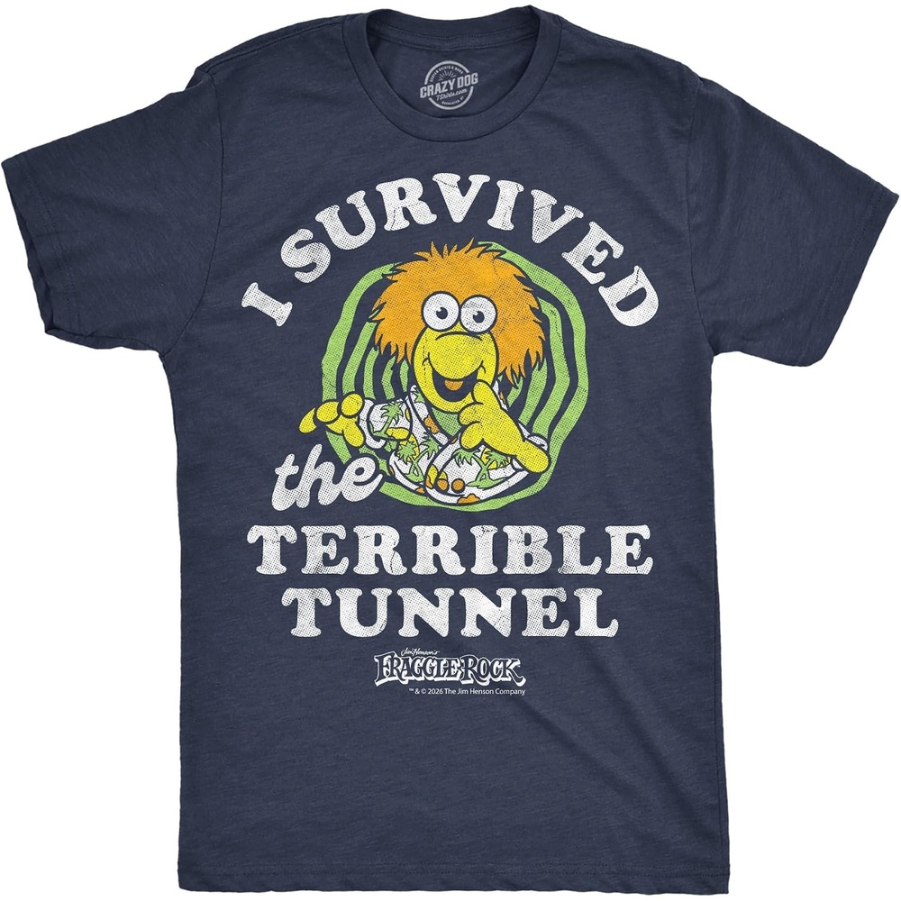image:imageMens Fraggle Rock TShirt 80s Licensed Vintage Funny Graphic TeesHeather Navy Survived Terrible Tunnel